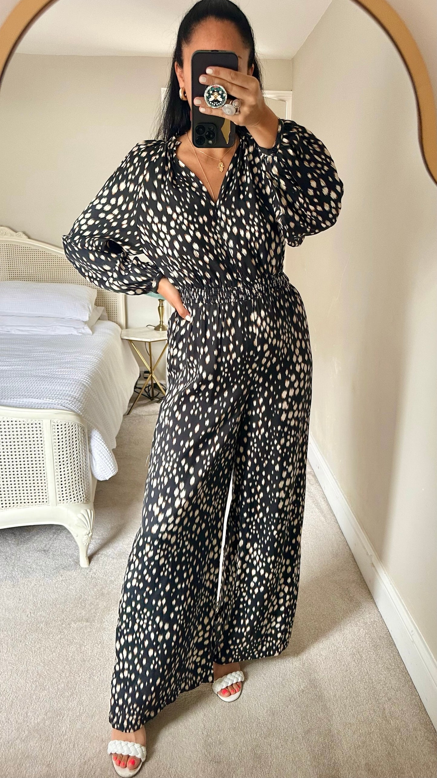 HUSH black cream animal print stretch waist event jumpsuit UK 10 vgc