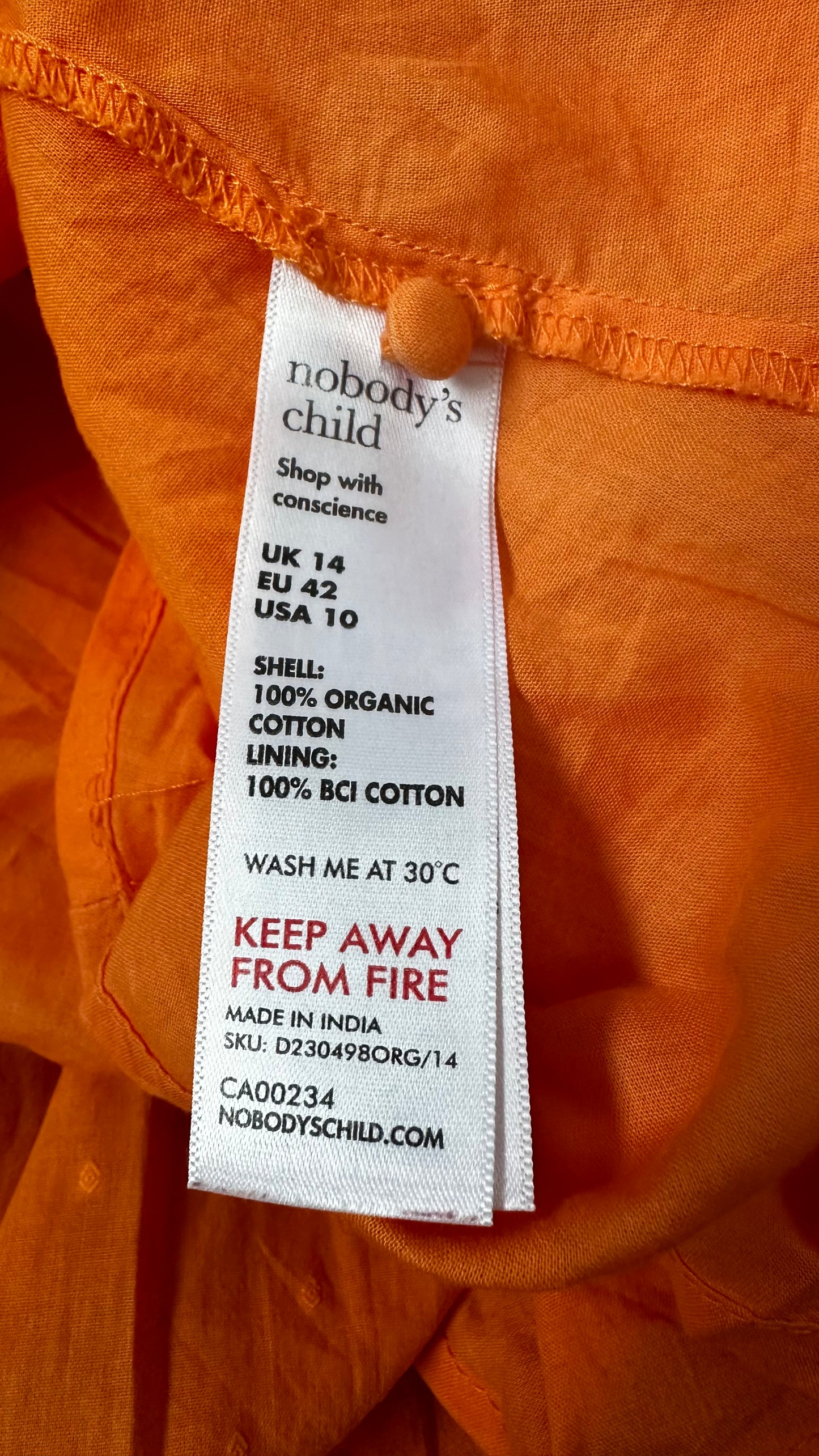 Nobody’s Child bright orange button up midi long dress holiday medium UK 14 vgc organic cotton