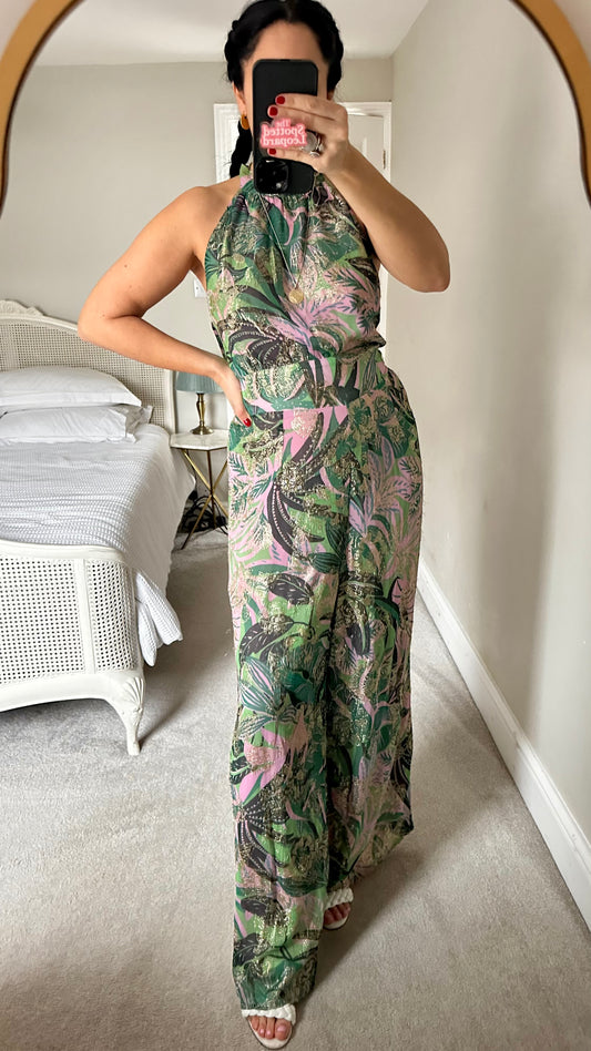 Oliver Bonas green pink gold jungle print halterneck jumpsuit trousersuit small UK 10 wedding guest event vgc