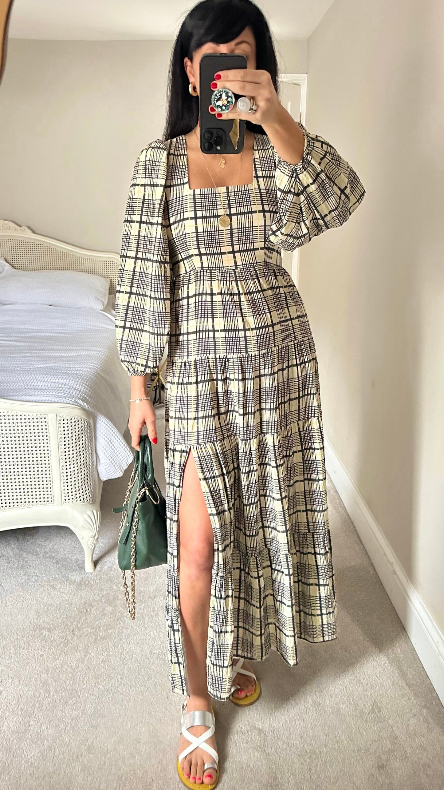 Topshop black beige green gingham maxi midaxi side split casual boho dress small UK 8 vgc