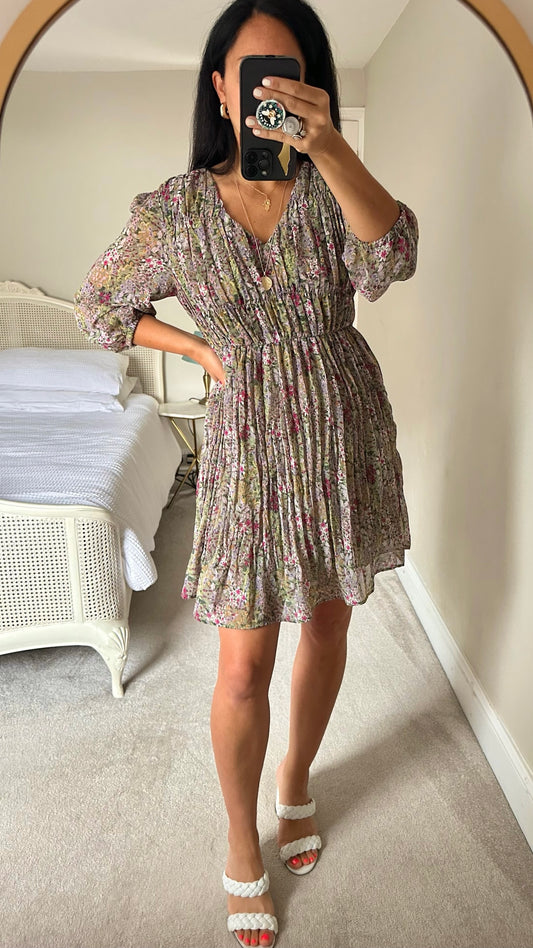 Mango khaki olive lilac green mini smock dress medium UK 10 vgc