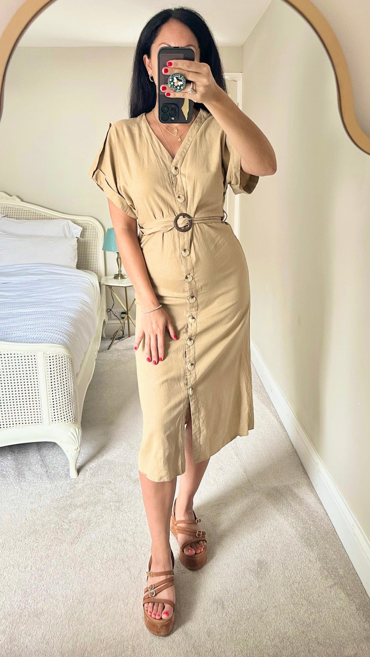 Warehouse beige khaki belt midi dress extra small XS UK 6 8 vgc linen blend