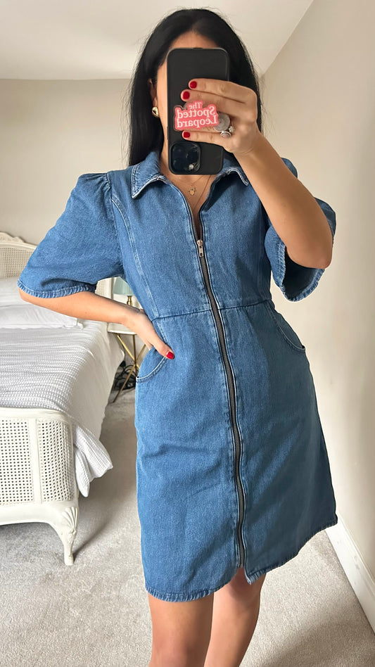 Gestuze navy blue denim jeans zip up mini dress medium UK 14 vgc