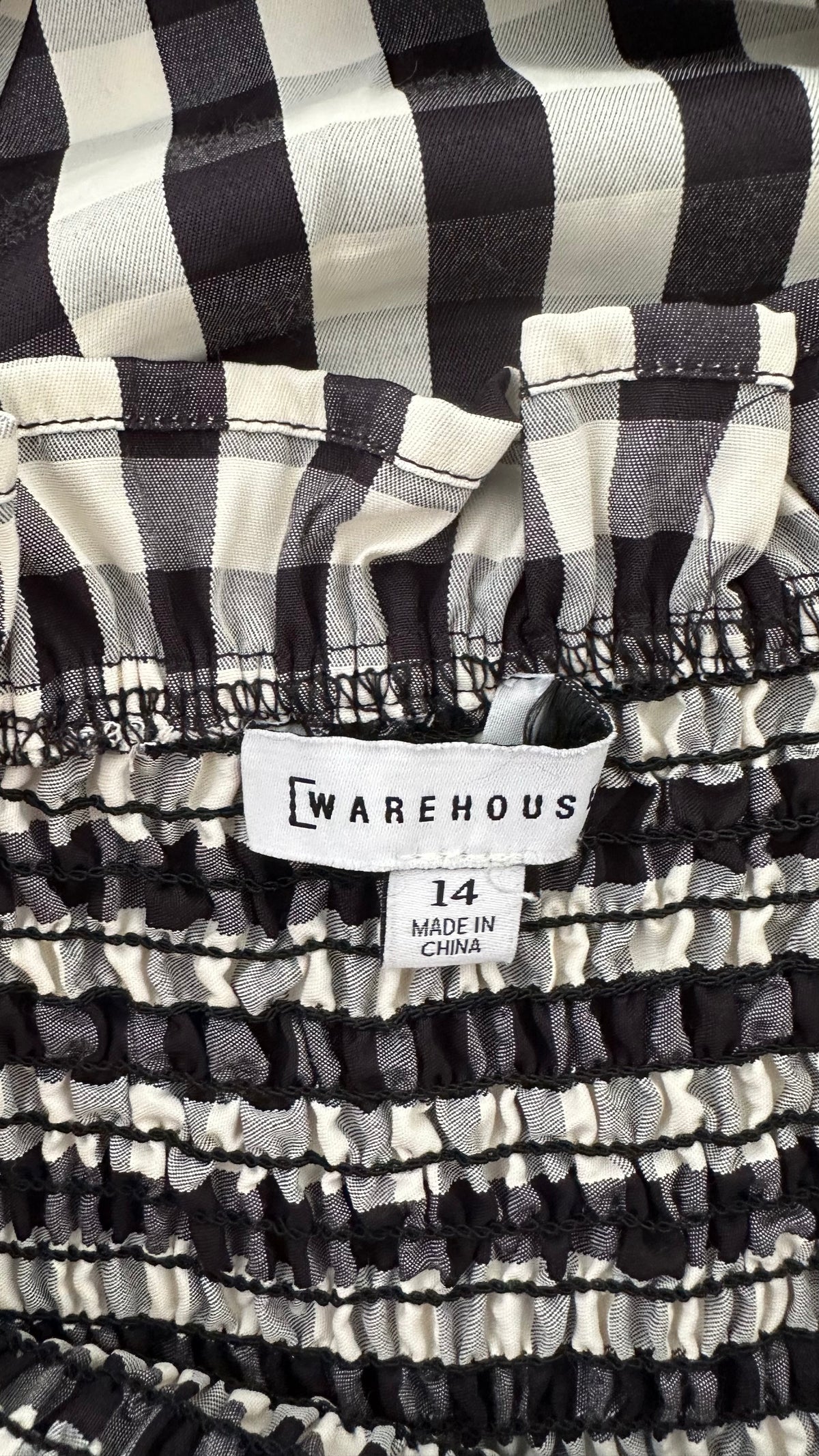 Warehouse black white gingham check midi shirred long dress medium UK 14 vgc