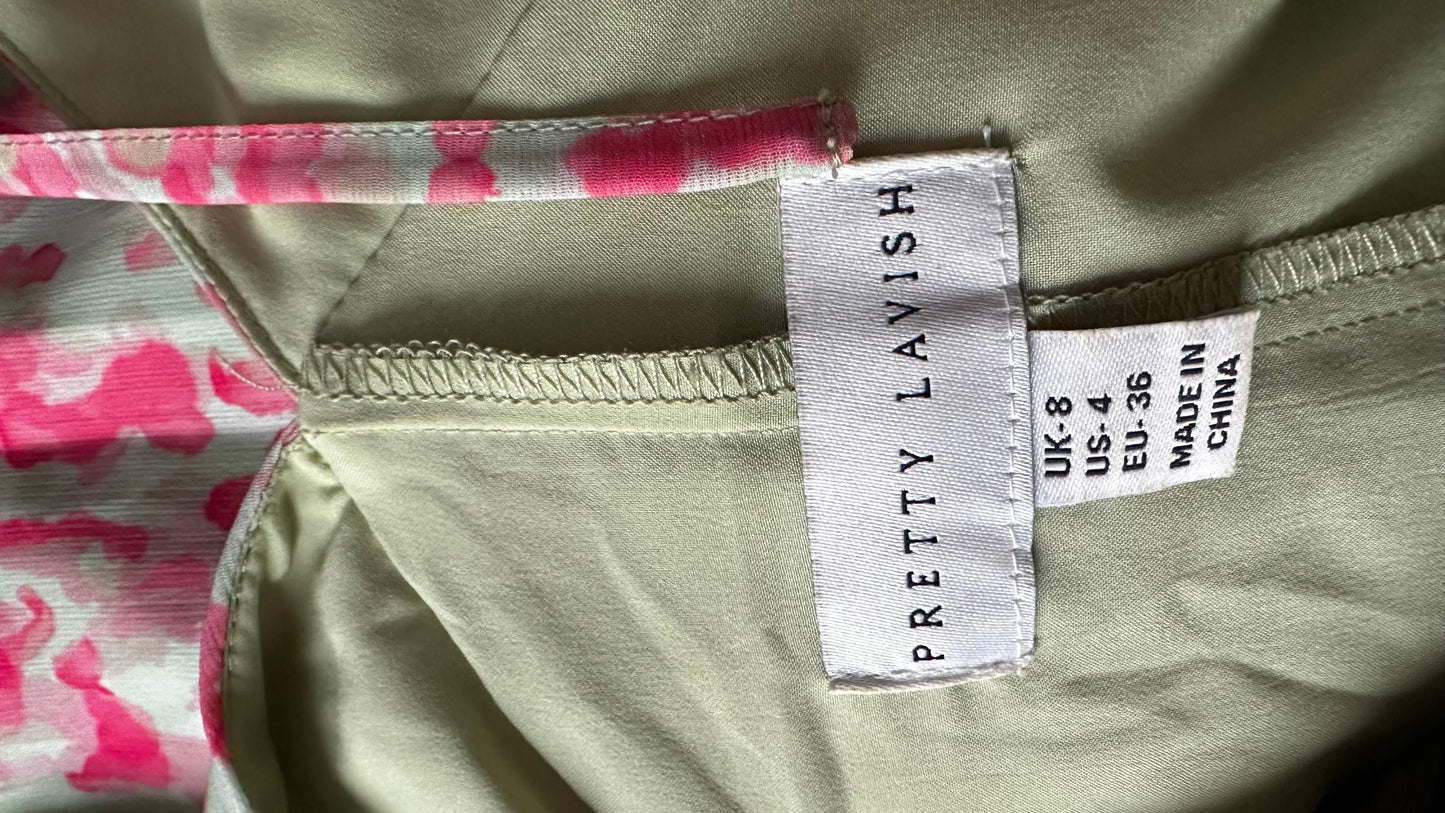 Pretty Lavish mint green fuschia pink splatter frilled maxi long dress small UK 8 vgc event