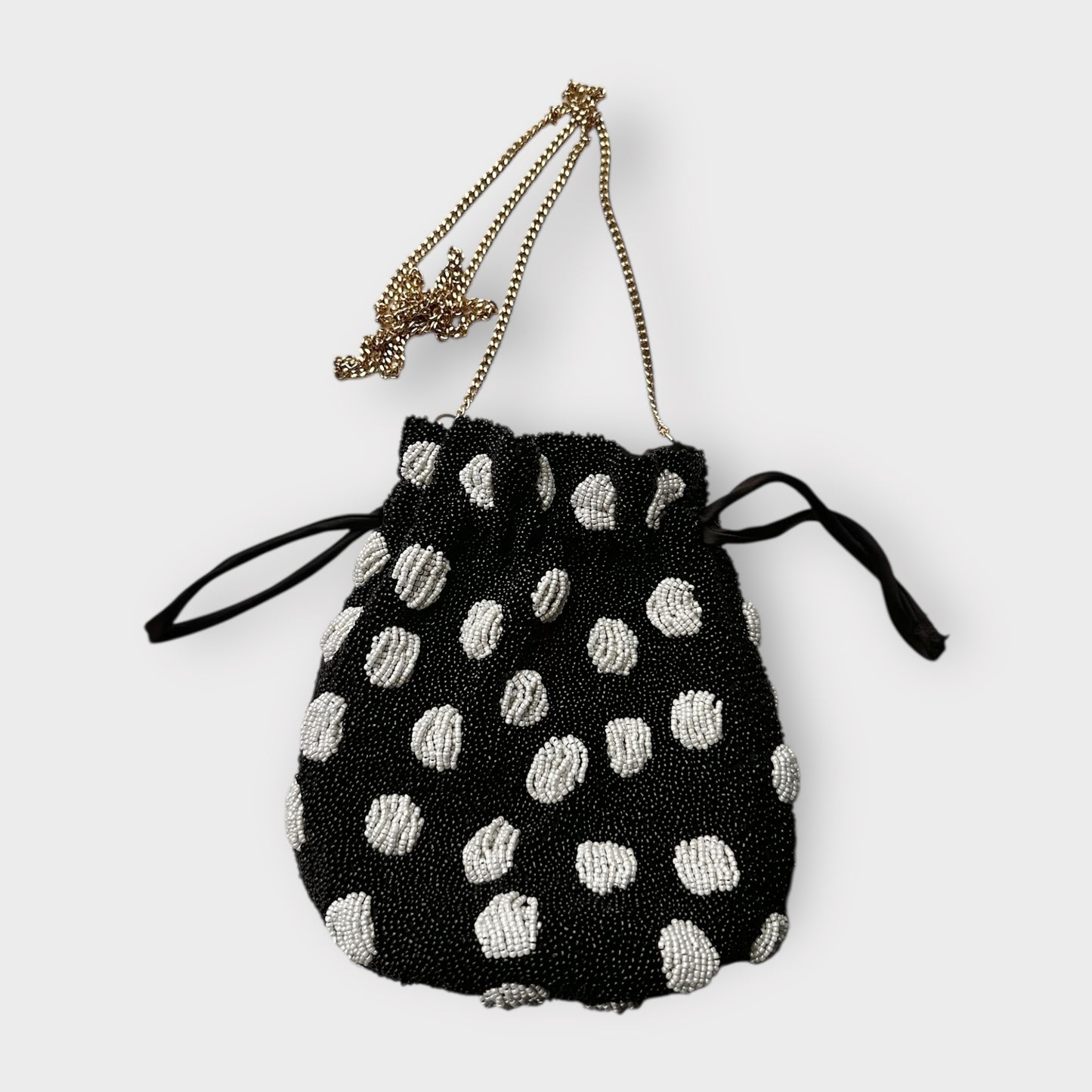 Oliver Bonas black white polka dot sequin beaded mini drawstring handbag small vgc