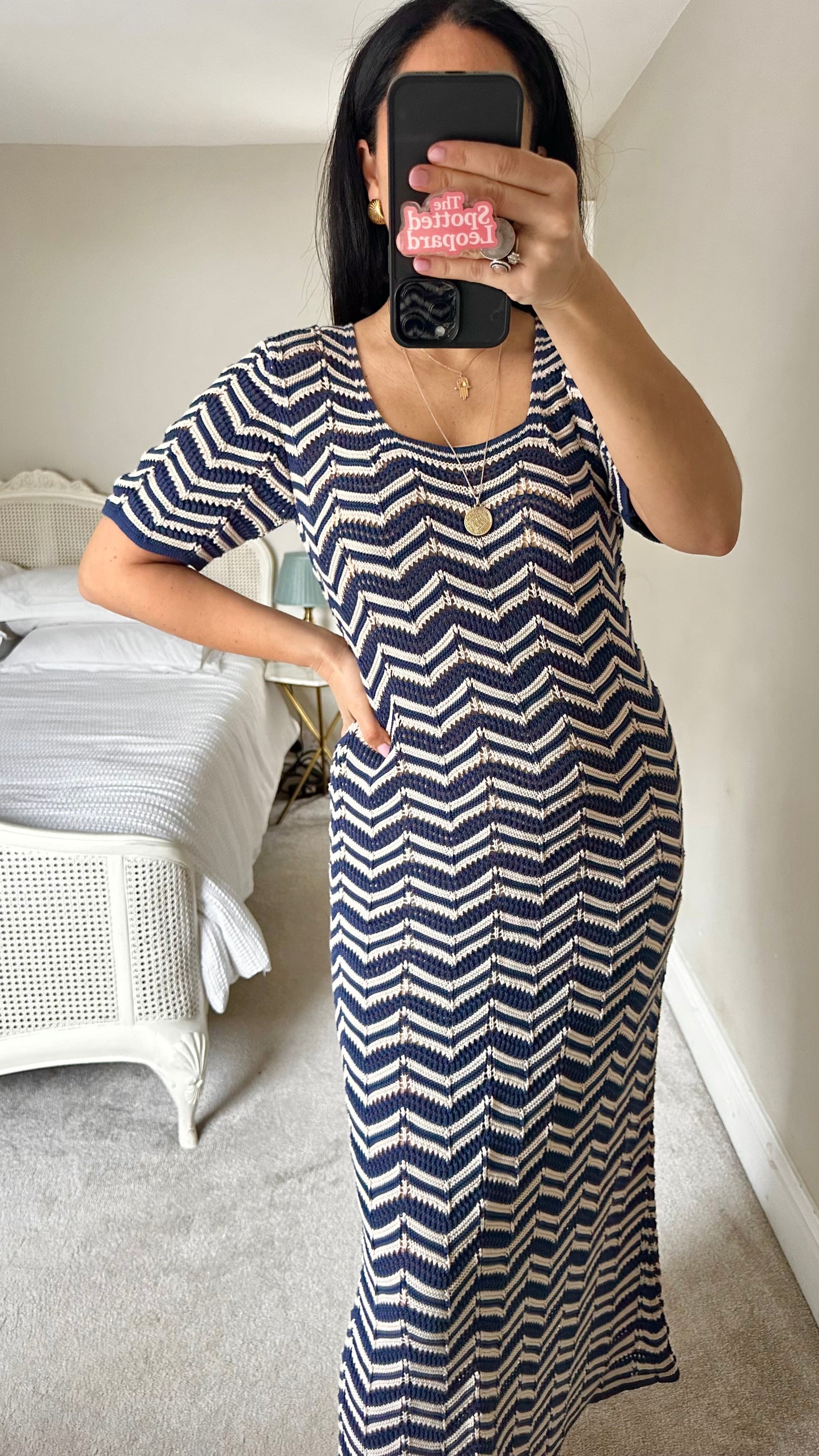 Nobody’s Child navy blue cream zig zag missoni style maxi long dress crochet medium UK 12 vgc