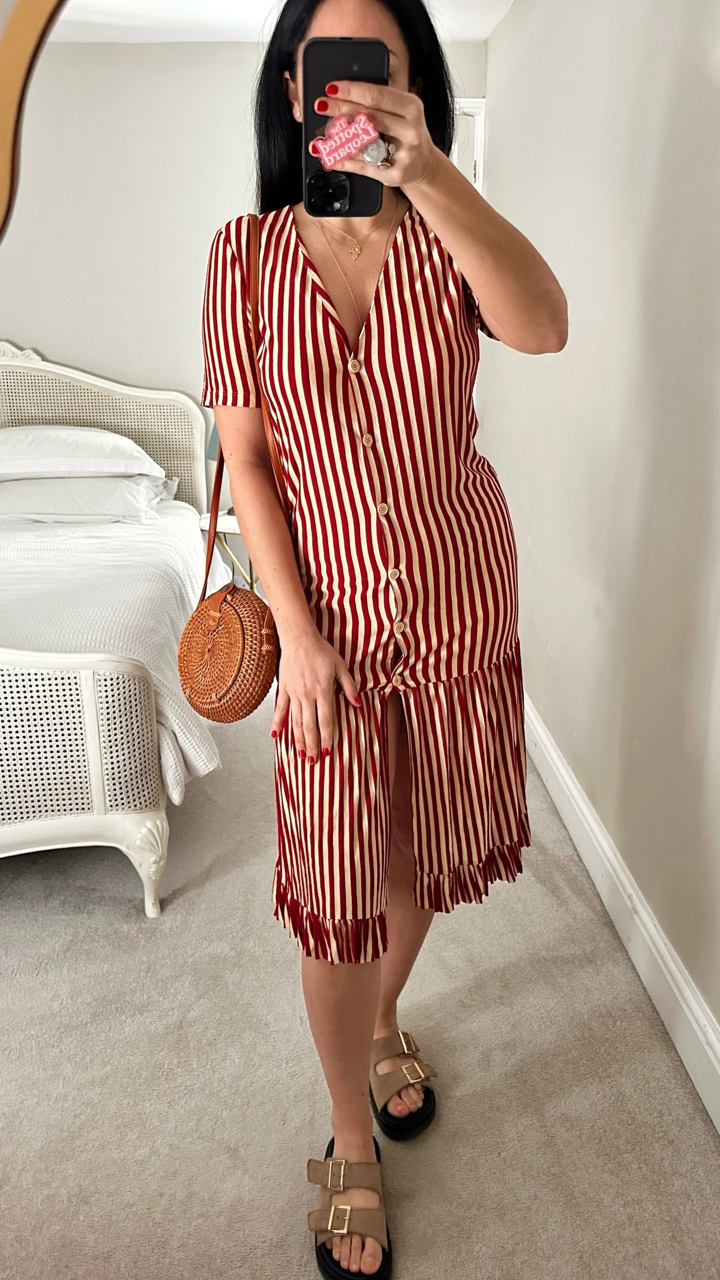Zara burgundy cream candy stripe drop waist midi jersey dress Small S UK 8 excellent used condition