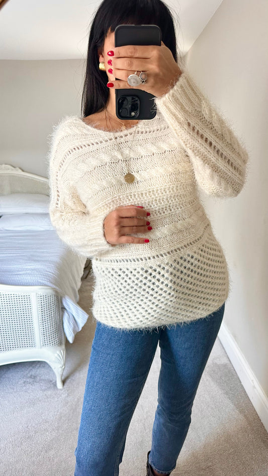 Olive white cream fluffy crotchet style longline jumper medium M UK 10 excellent used condition