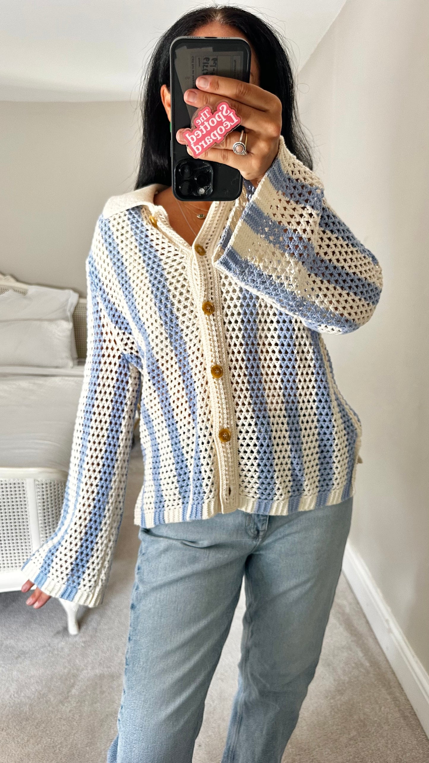 & other stories cream blue stripe net cardigan small medium UK 10-12 vgc