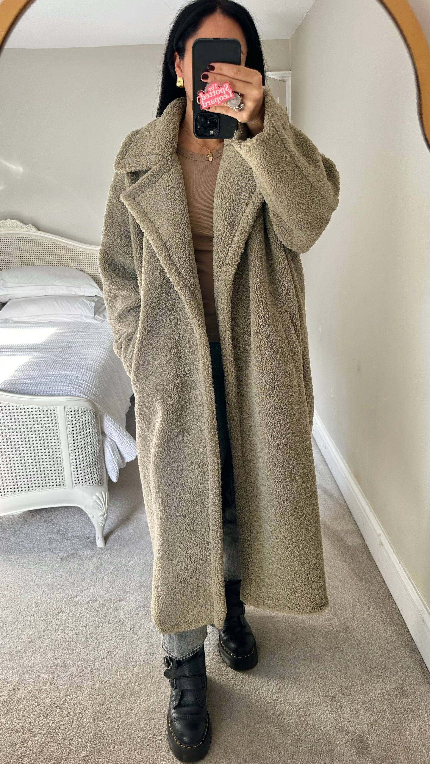 Pretty Lavish khaki beige stone teddy long maxi coat large UK 12 14 16 vgc