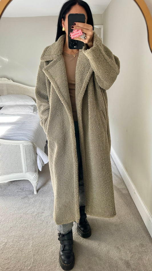 Pretty Lavish khaki beige stone teddy long maxi coat large UK 12 14 16 vgc