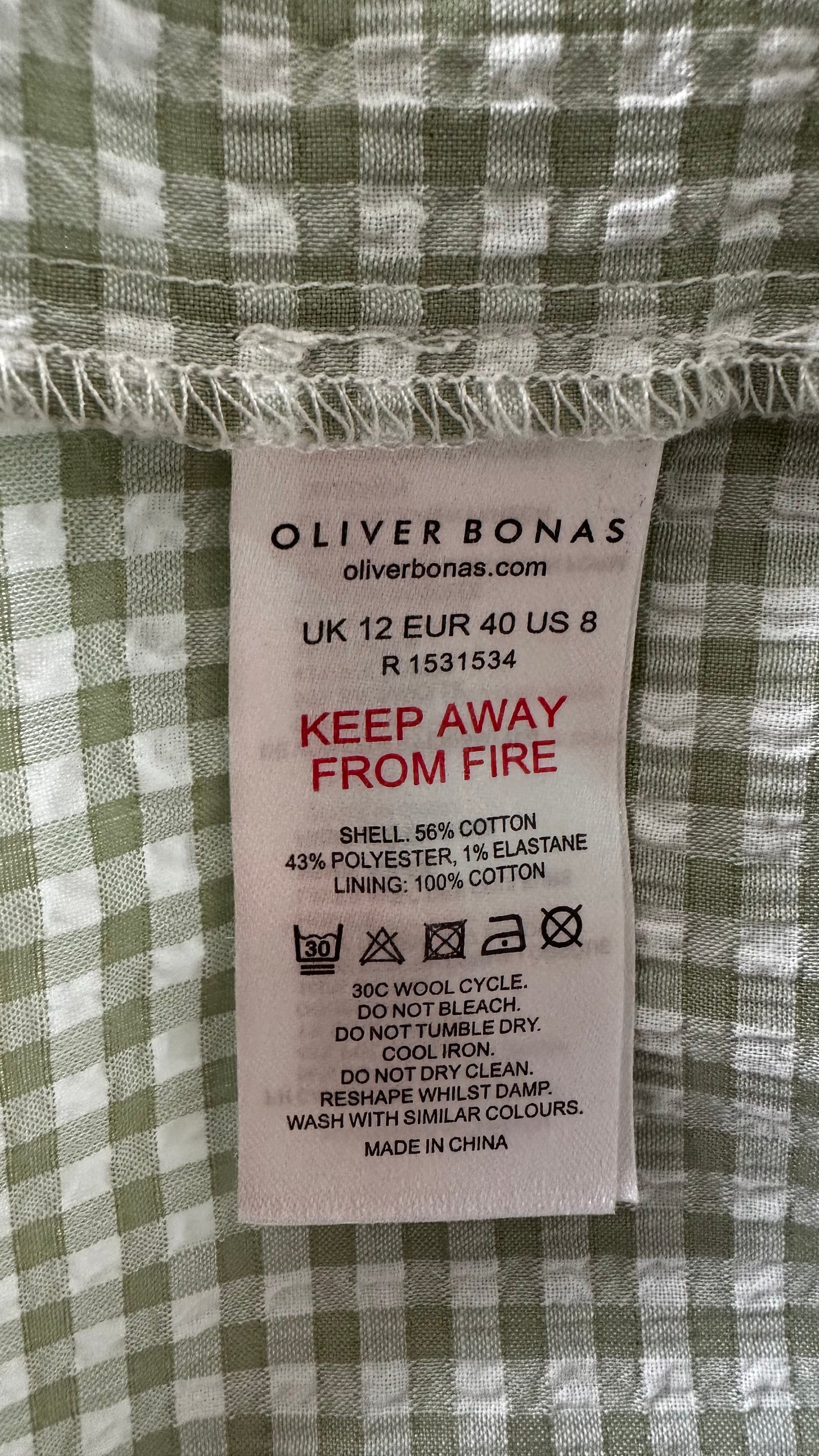 Oliver Bonas light green white gingham check button up holiday sun dress extra small medium UK 6-8 12-14 vgc