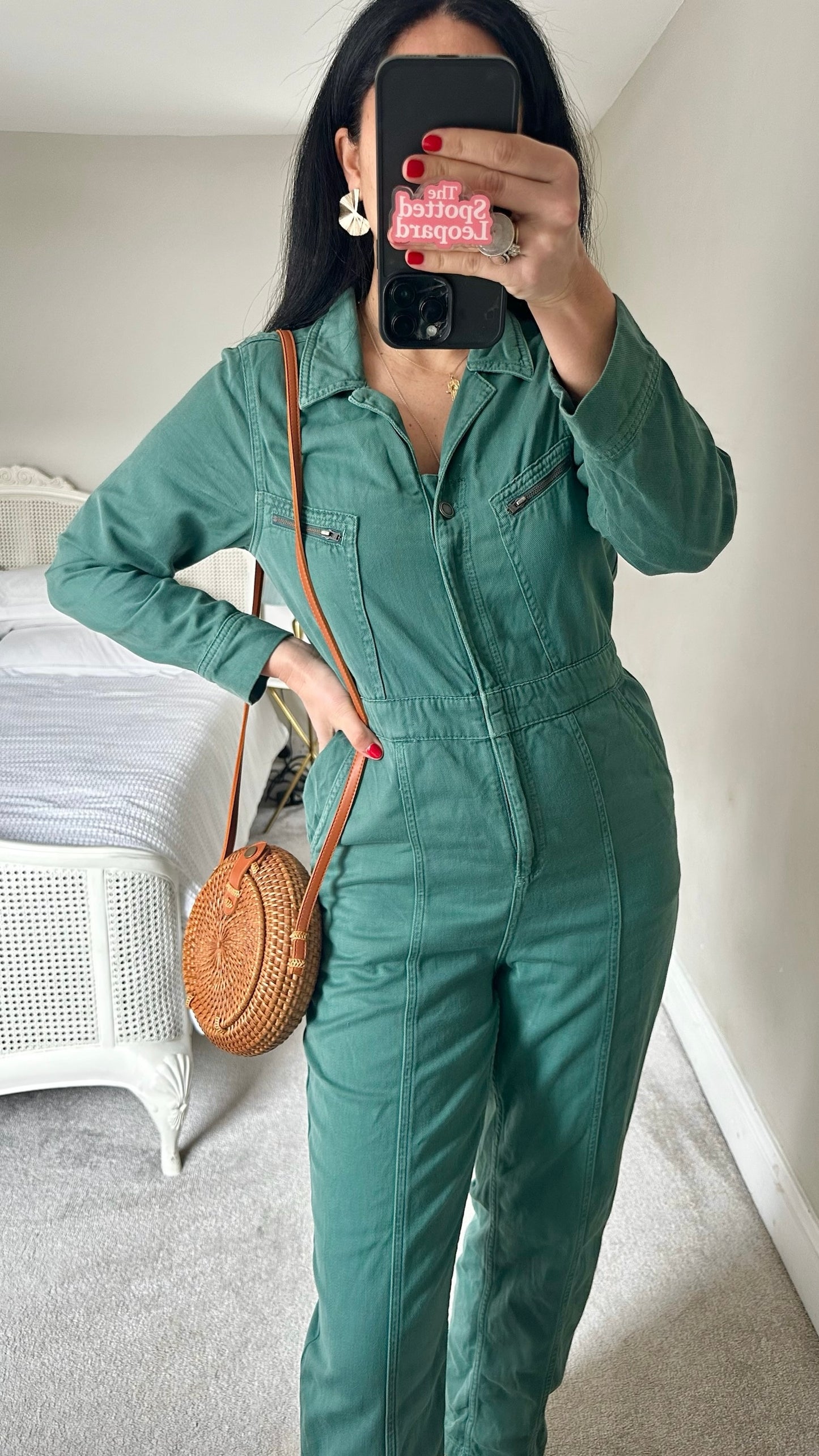Oliver bonas green denim jean boiler suit jumpsuit small UK 8 vgc