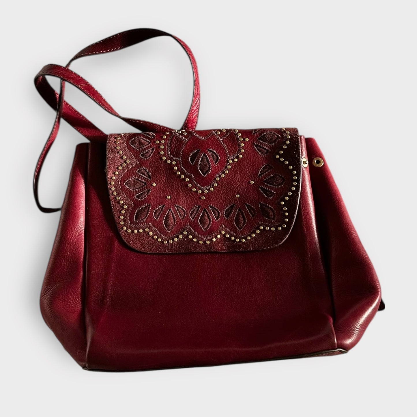 And/or John Lewis burgundy red real leather satchel handbag bag studded vgc