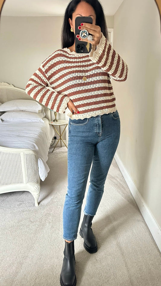 Mango cream brown crochet stripe knitted slouchy boho cardigan medium UK 10-12 vgc w25