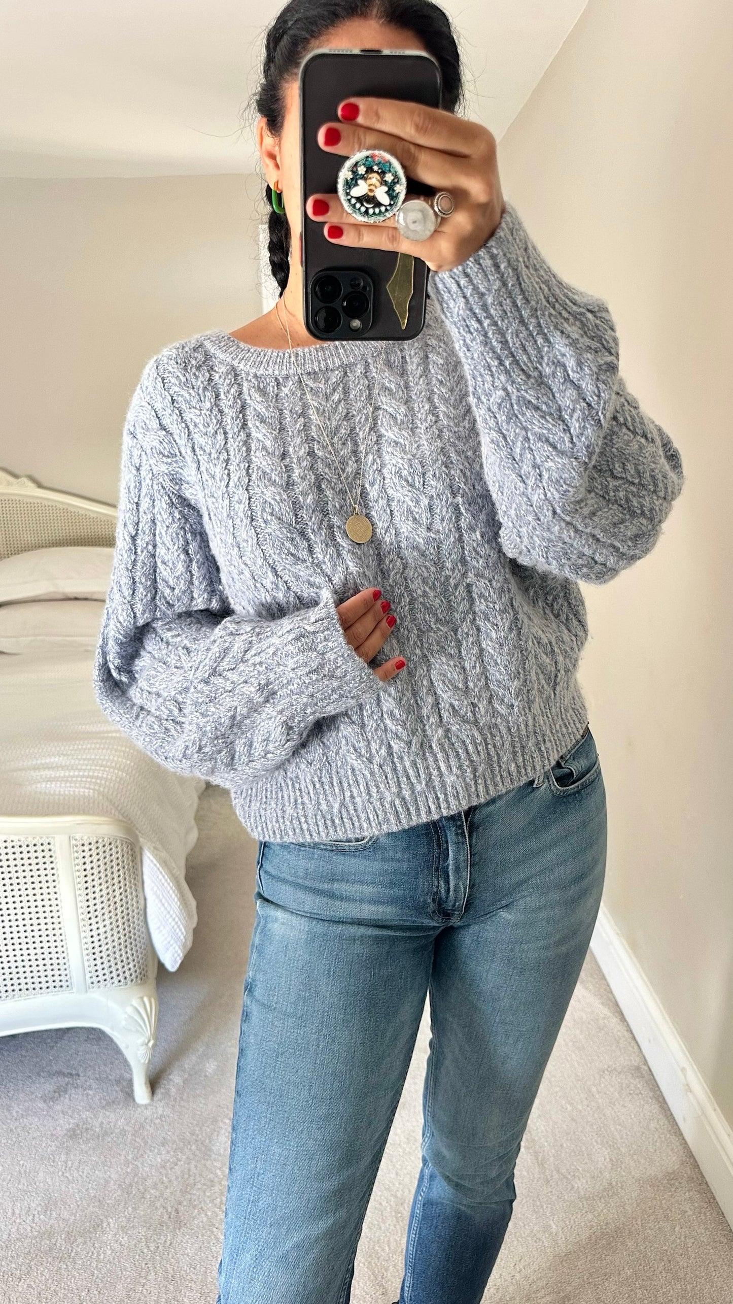 & other stories light blue white grey cable knit alpaca wool blend jumper extra large UK 14 vgc w25