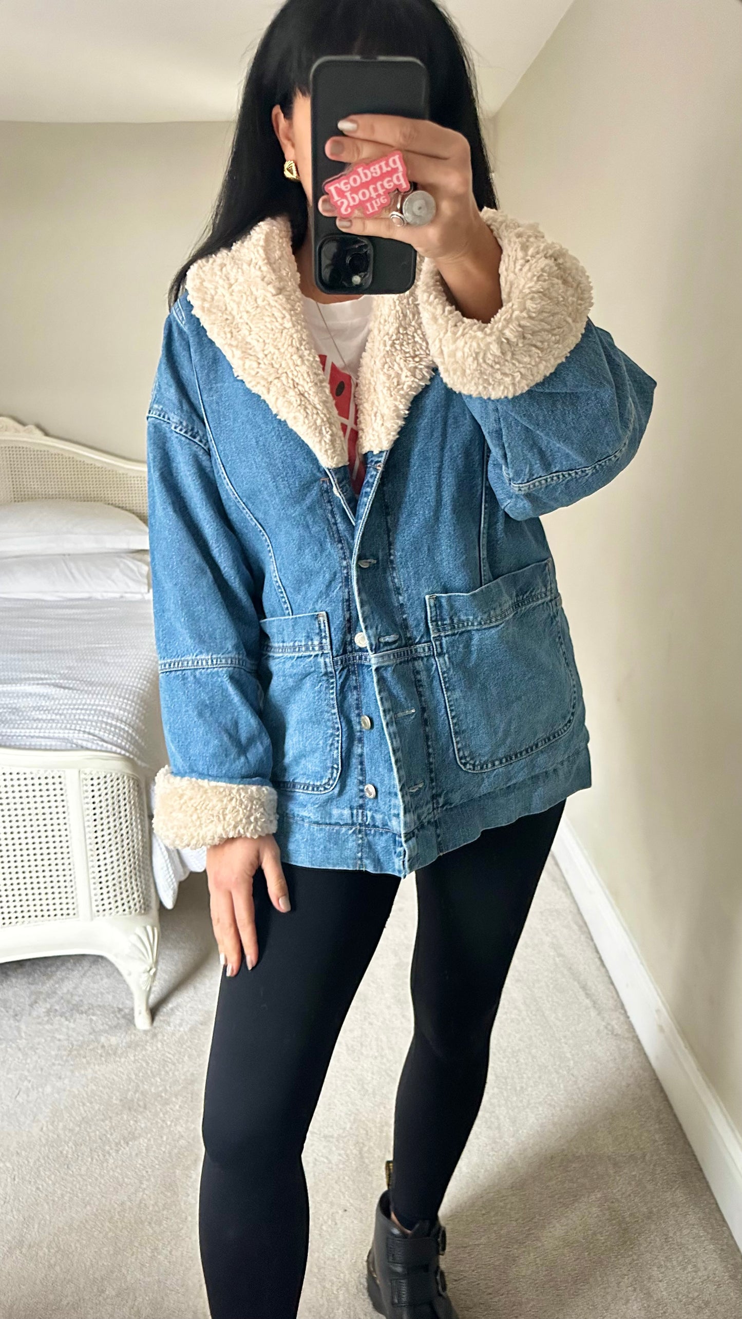 Topshop blue denim faux shearling jacket quilted coat small UK 8-10 oversized vgc