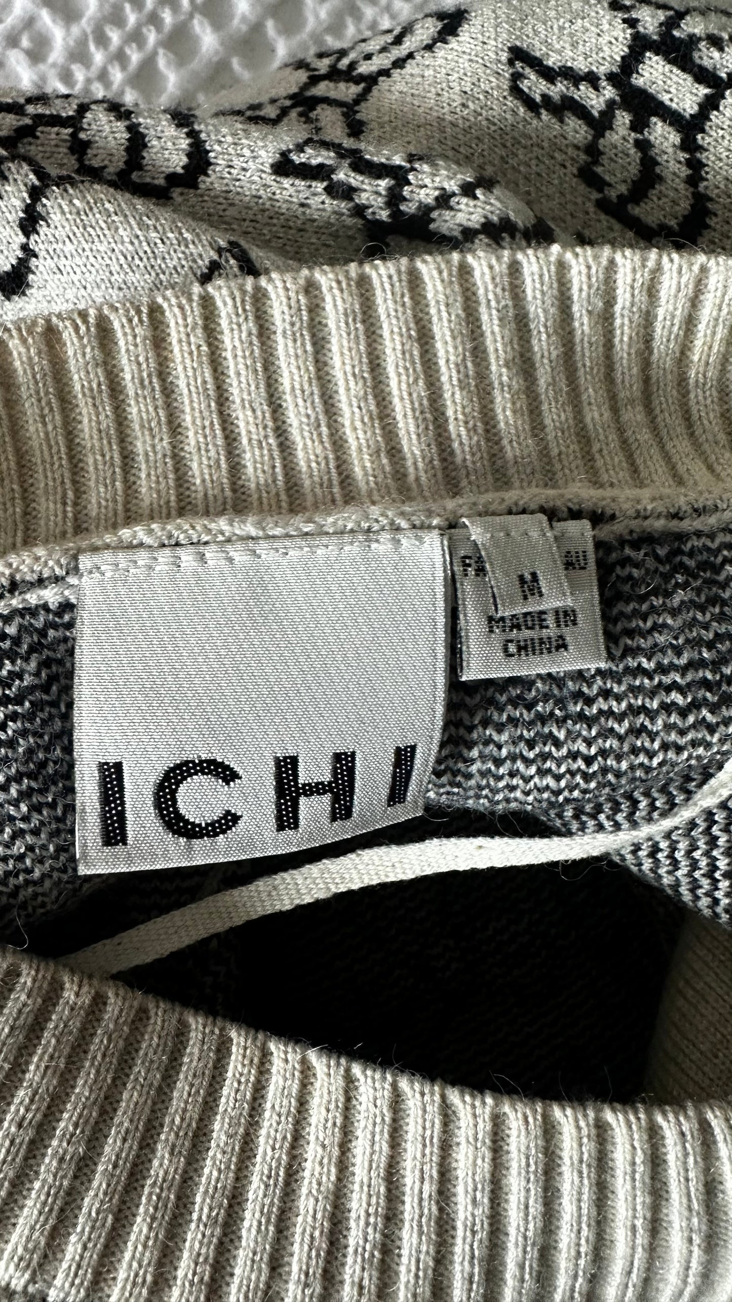 ICHI stone black ribbon bow print jumper cardigan medium UK 12 vgc