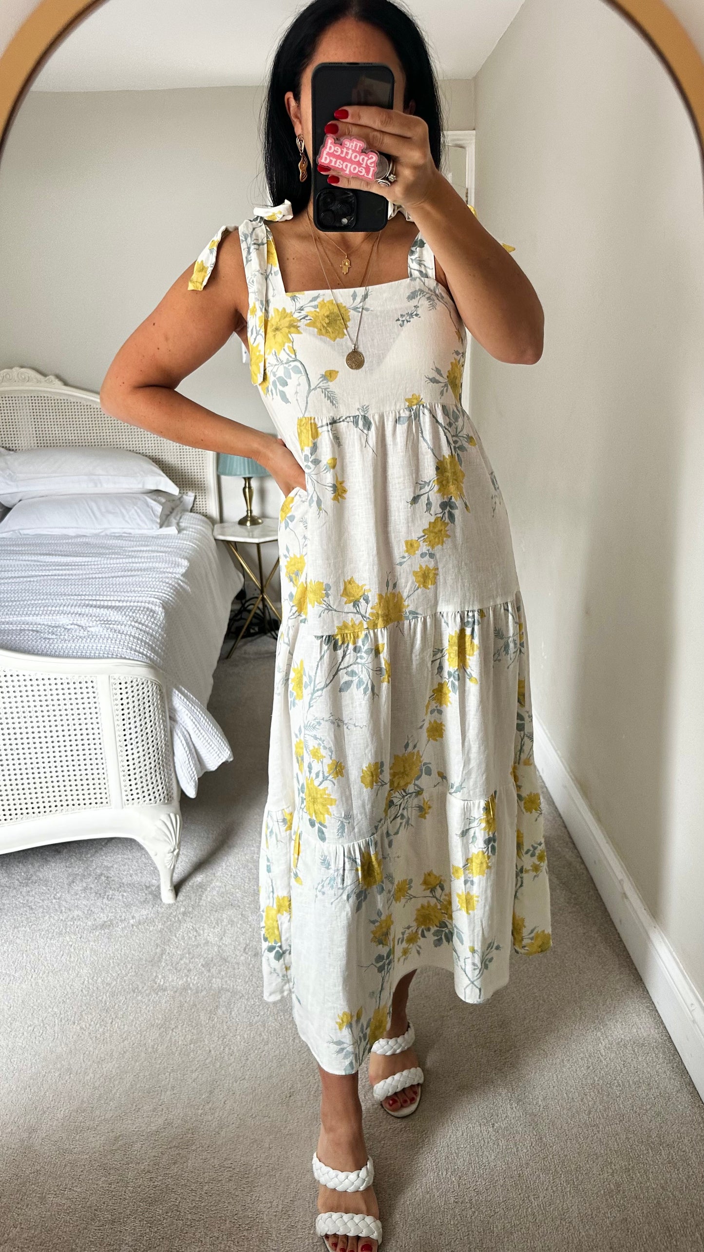 Feather & Bone @ Anthropologie white yellow tiered linen holiday dress medium UK 12-14 vgc