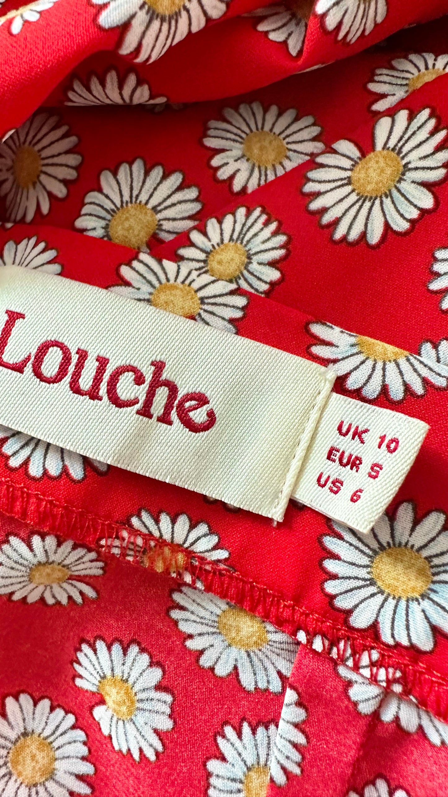 Louche red white daisy print midi skirt medium UK 10 vgc