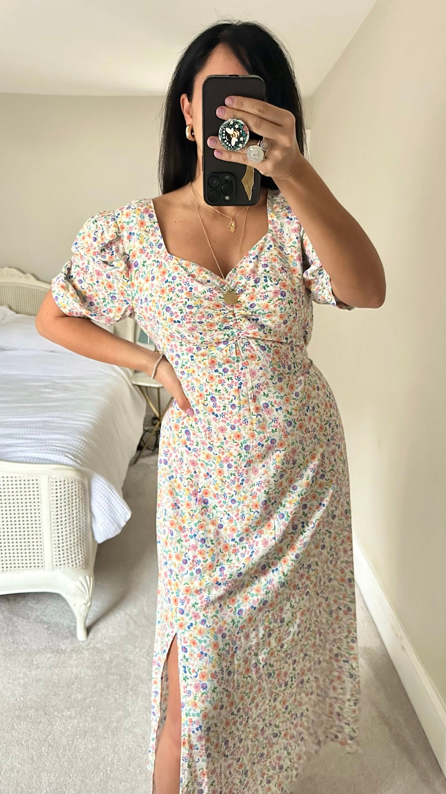 Nobody’s Child white cream pink floral midi long dress medium UK 12 vgc