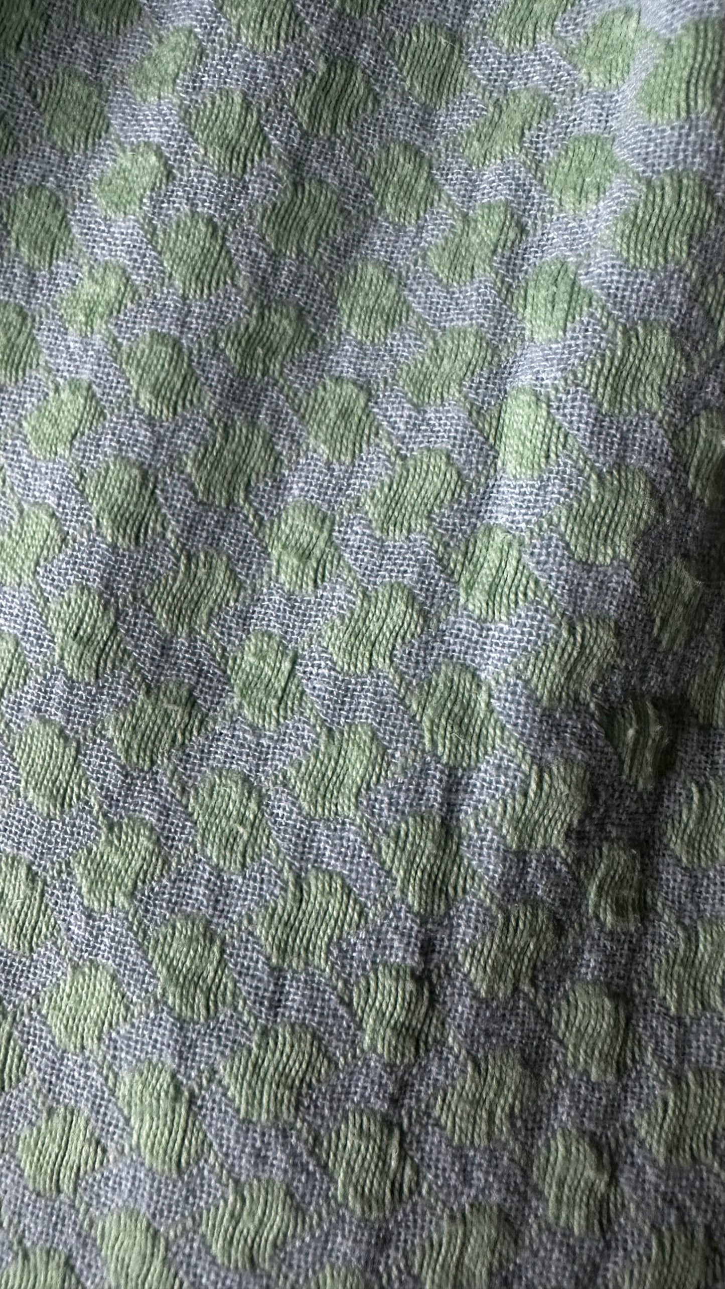 Cecilie Copenhagen mint green lilac/blue Palestinian khuffiyeh print shirred holiday summer cotton dress small UK 10-12 vgc