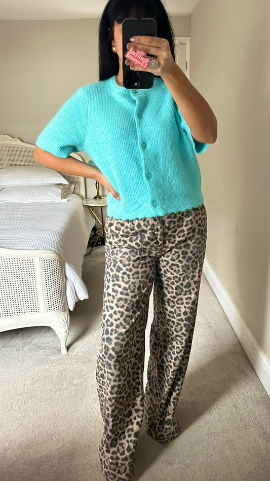 Oliver bonas turquoise scalloped knitted cardigan jumper medium UK 12 vgc