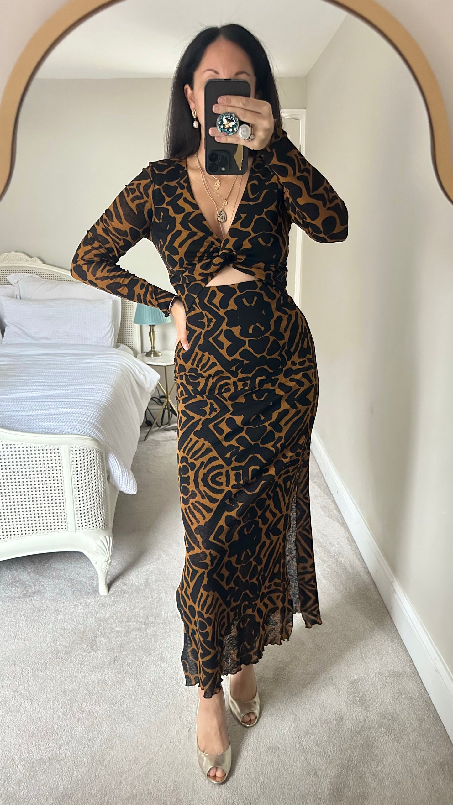 Topshop tall animal print maxi midi dress medium large UK 10-12 black orange yellow mustard vgc