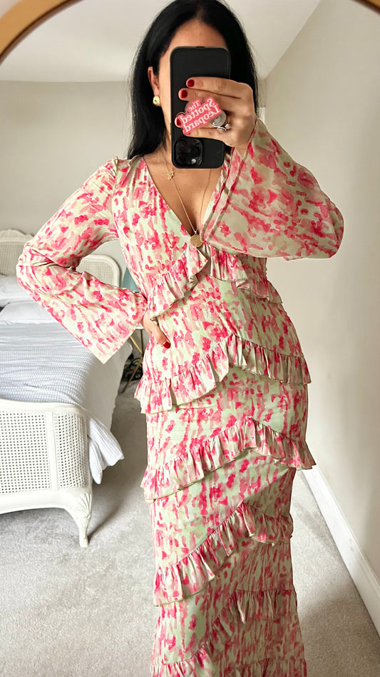 Pretty Lavish mint green fuschia pink splatter frilled maxi long dress small UK 8 vgc event