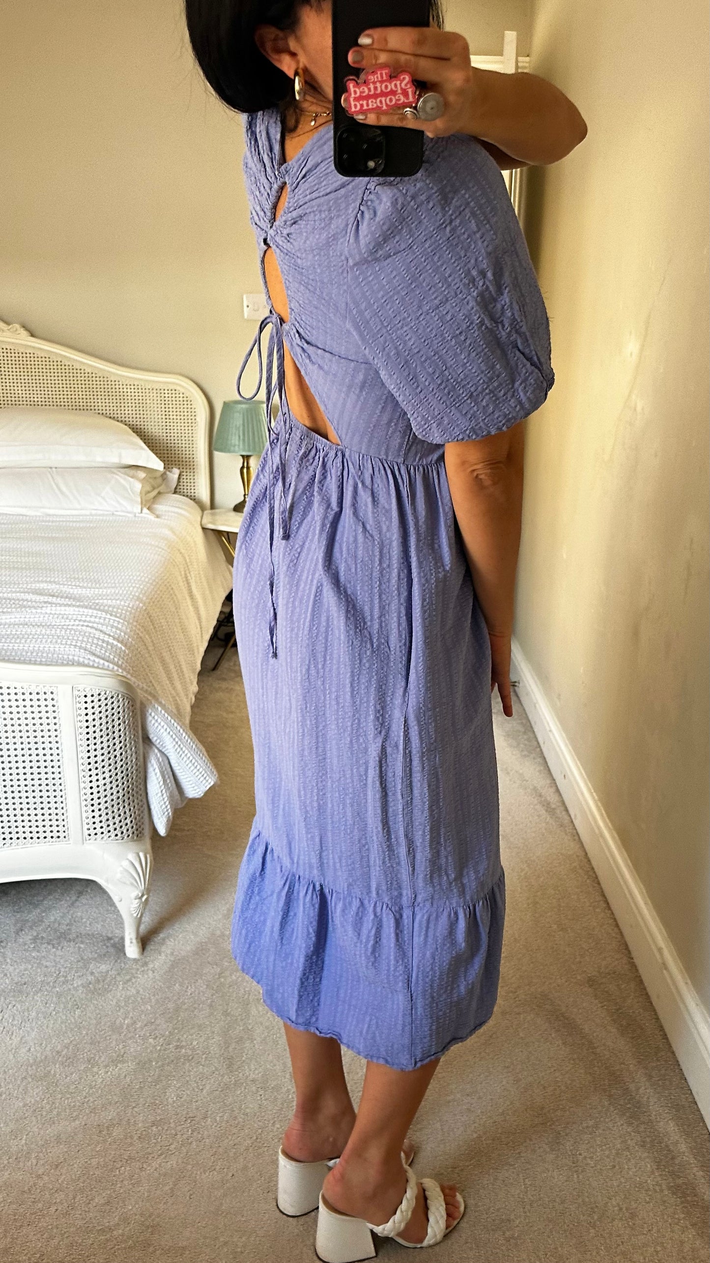 Nobody’s Child light blue lilac stripe backless midi dress medium UK 12 14 vgc