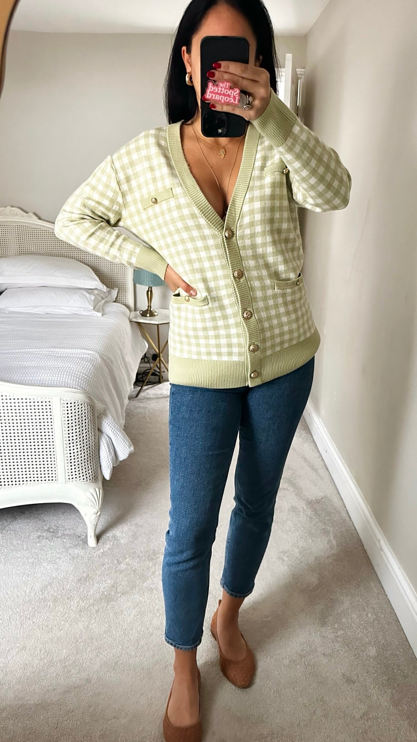 Joy sage green cream gingham check knitted cardigan large UK 12 vgc XMS25