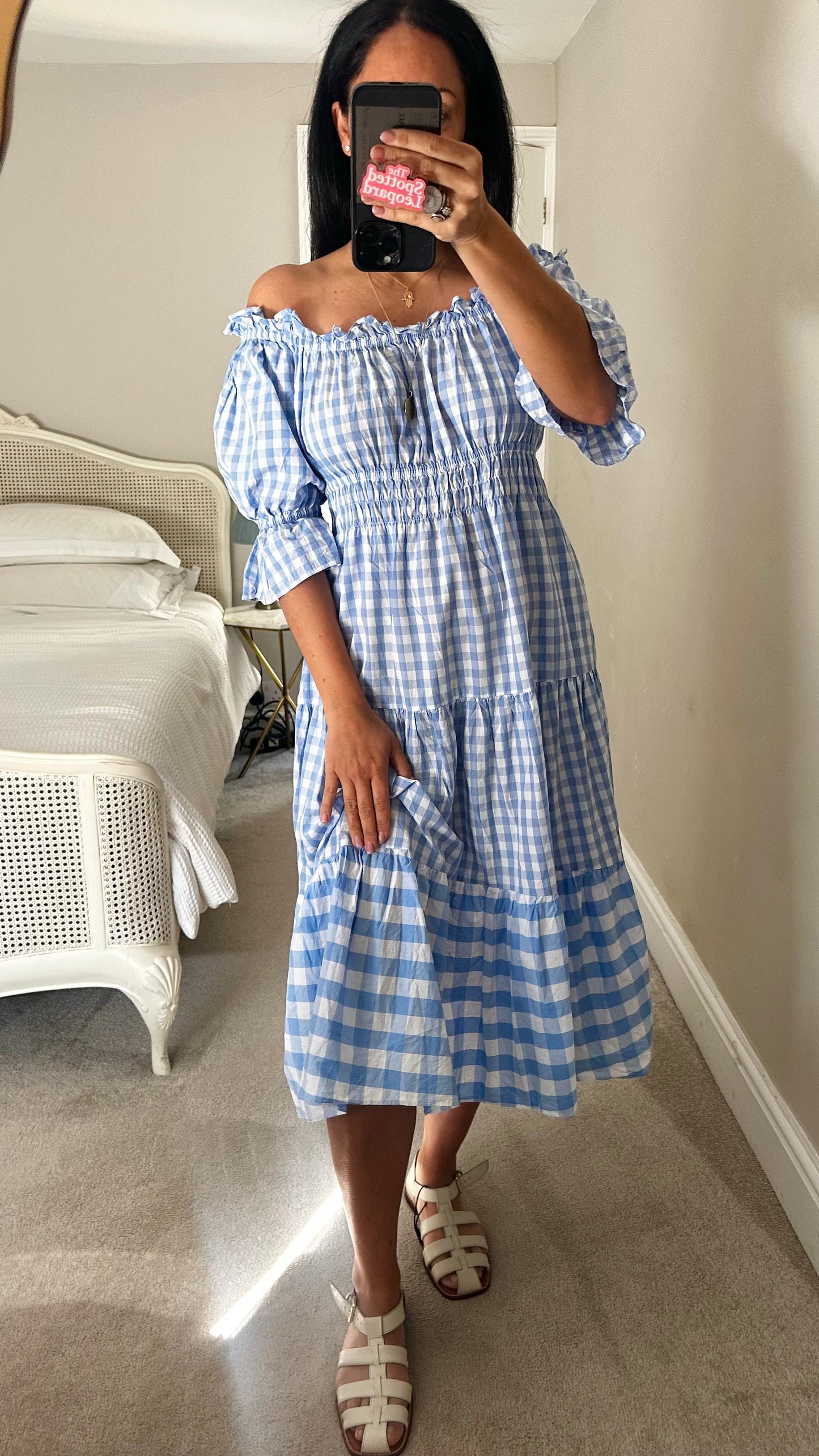 Kitri light blue white gingham check midi off shoulder dress medium UK 14 vgc