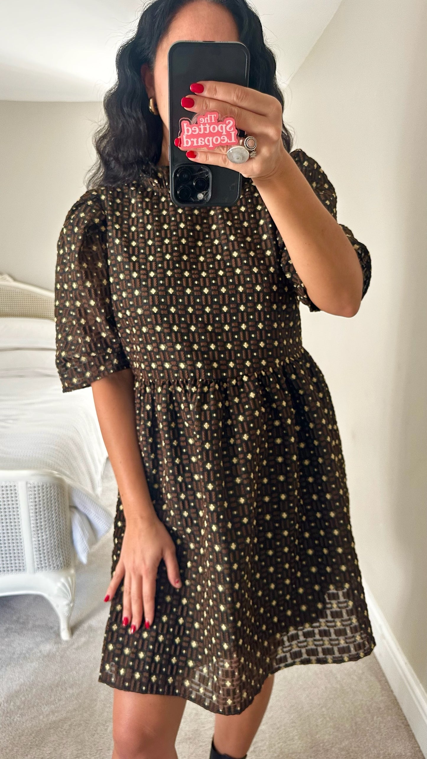 Selected femme @ anthropologie brown gold black mini event dress large UK 12 vgc XMS25