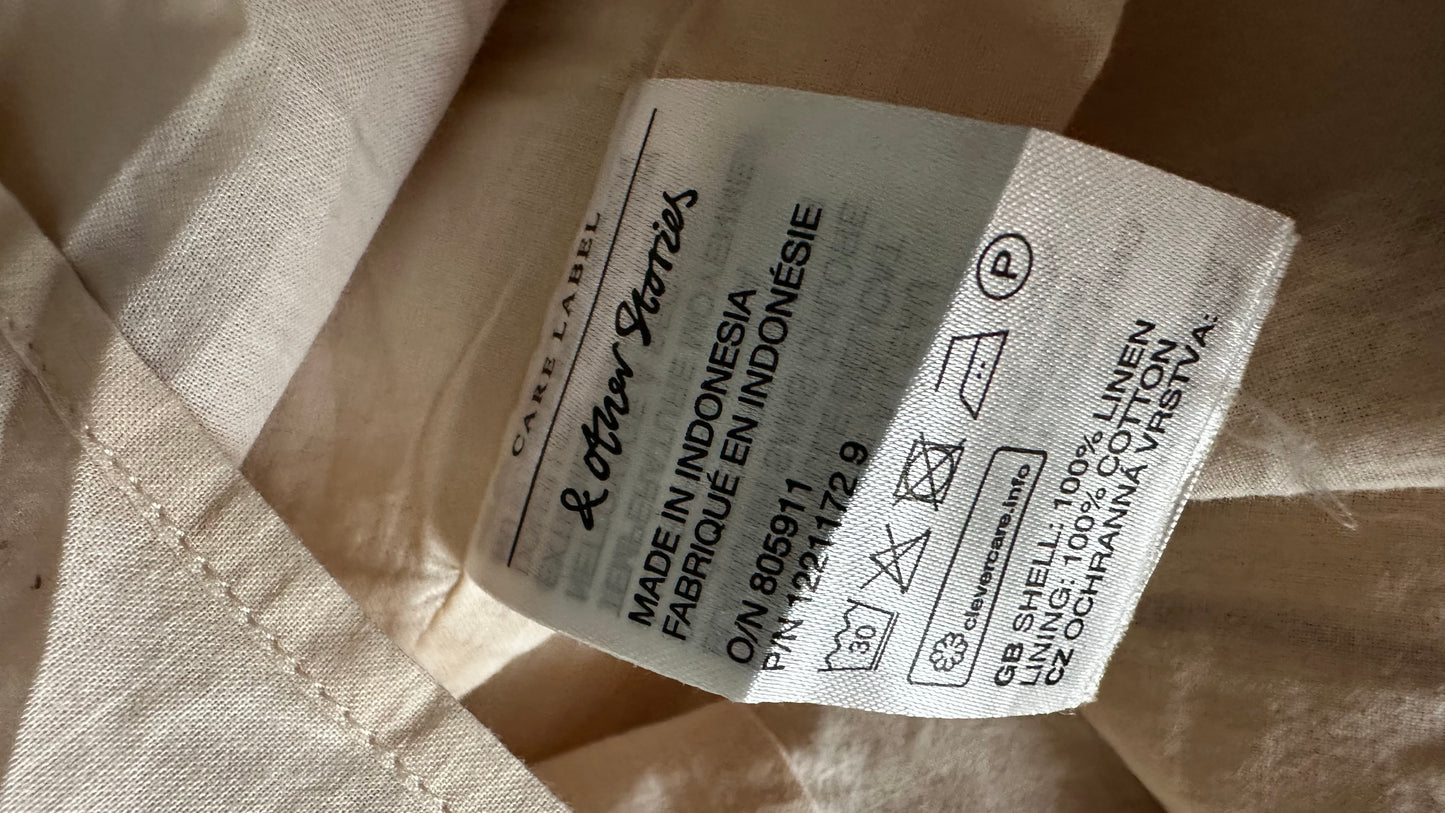 & other stories beige lilac floral linen mini puff sleeve dress holiday small UK 8 vgc