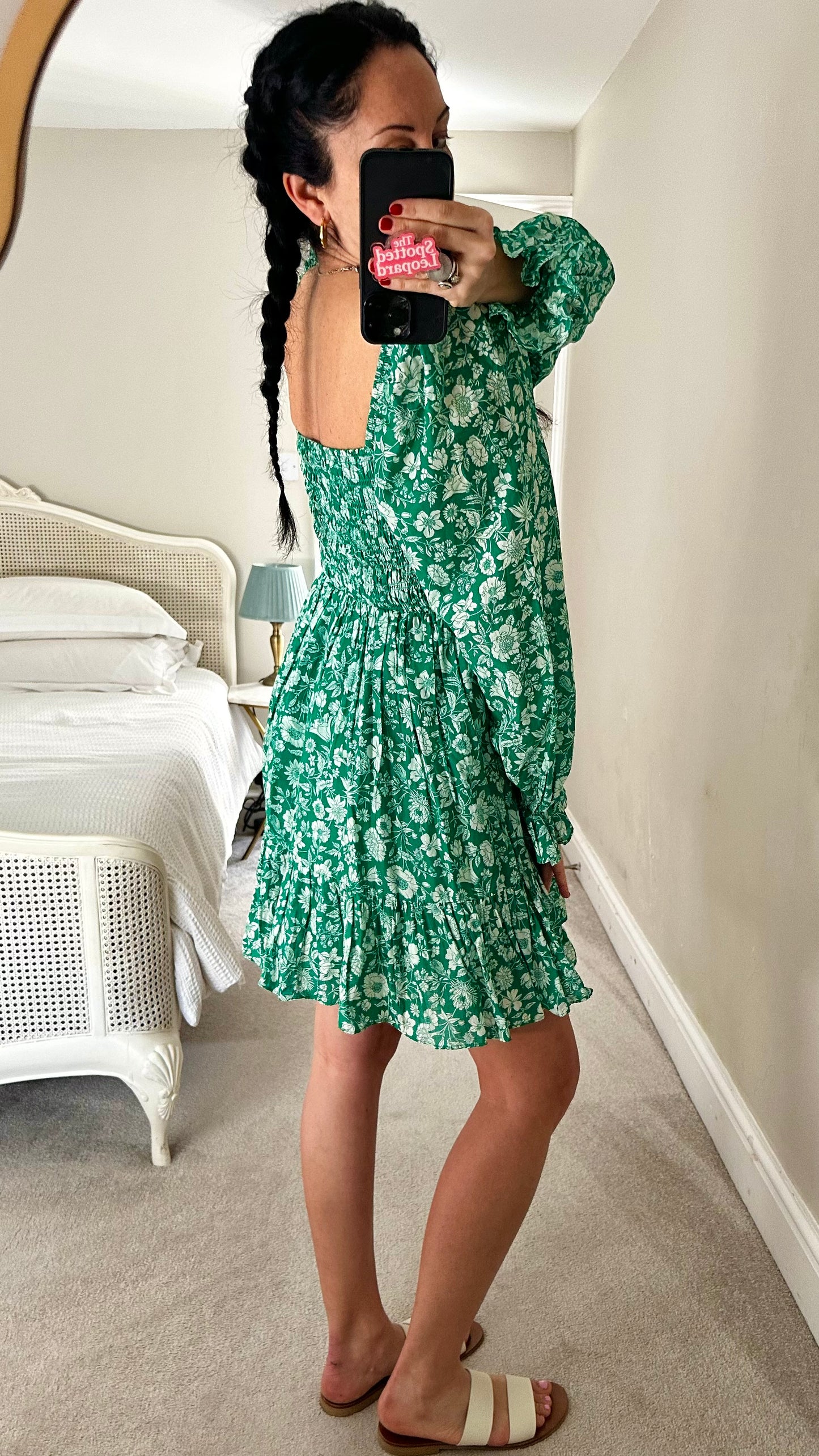 & other stories green white floral shirred bust dress small UK 10 mini holiday vgc
