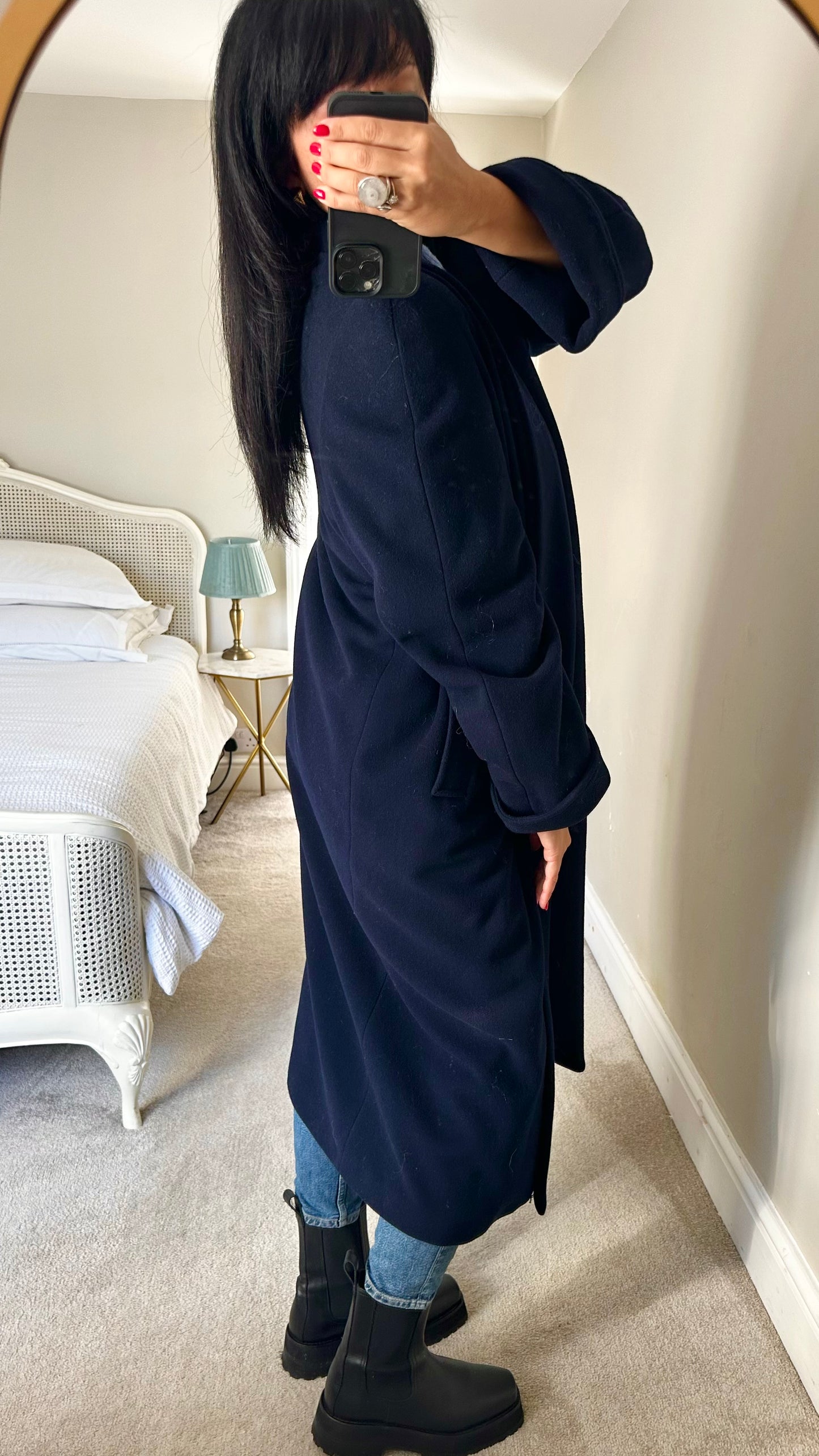 Richard vintage navy blue cashmere wool blend longline maxi coat extra large XL UK 14 excellent used condition