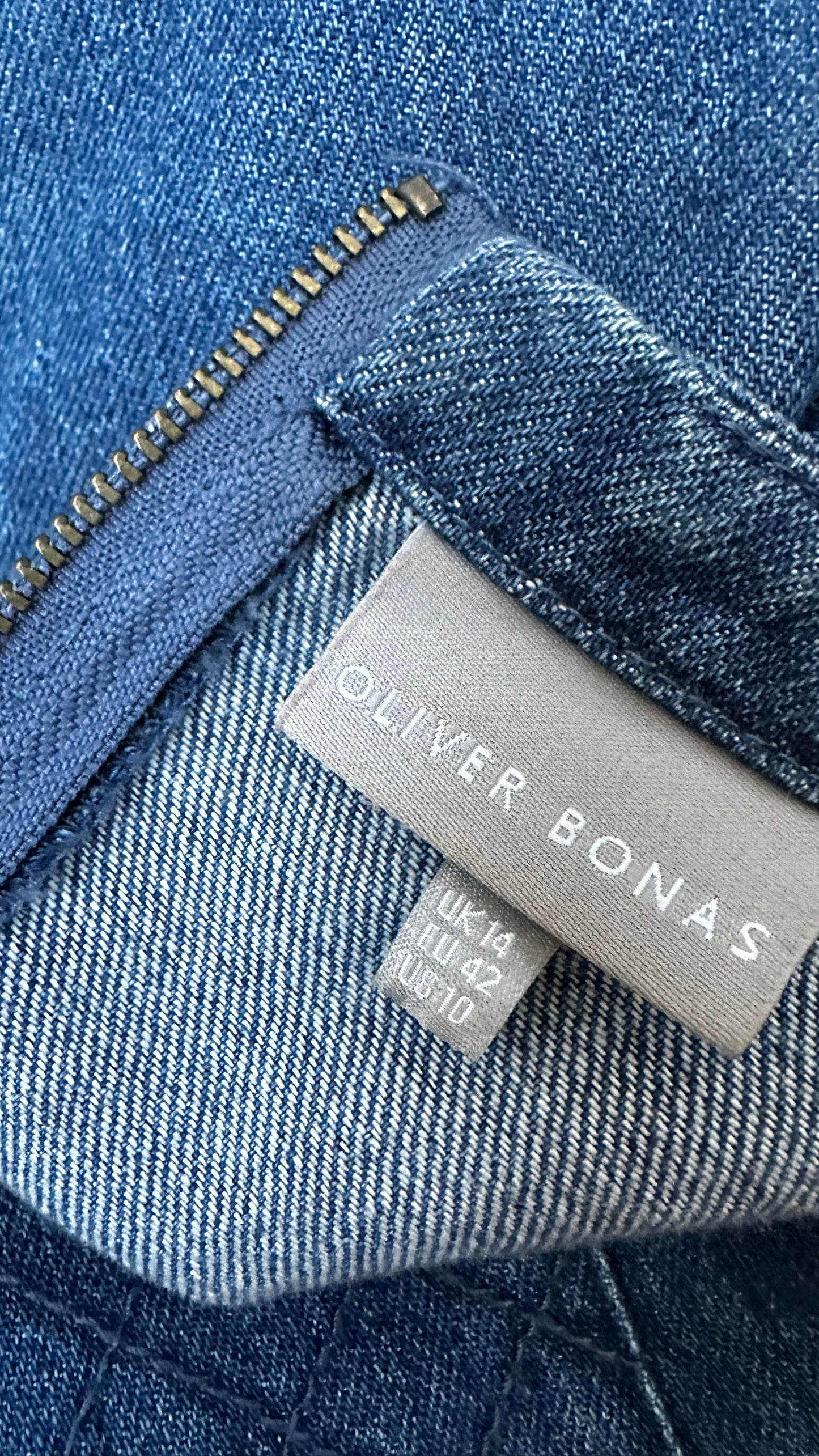 Oliver Bonas blue navy denim jeans medium casual dress mid length UK 14 vgc