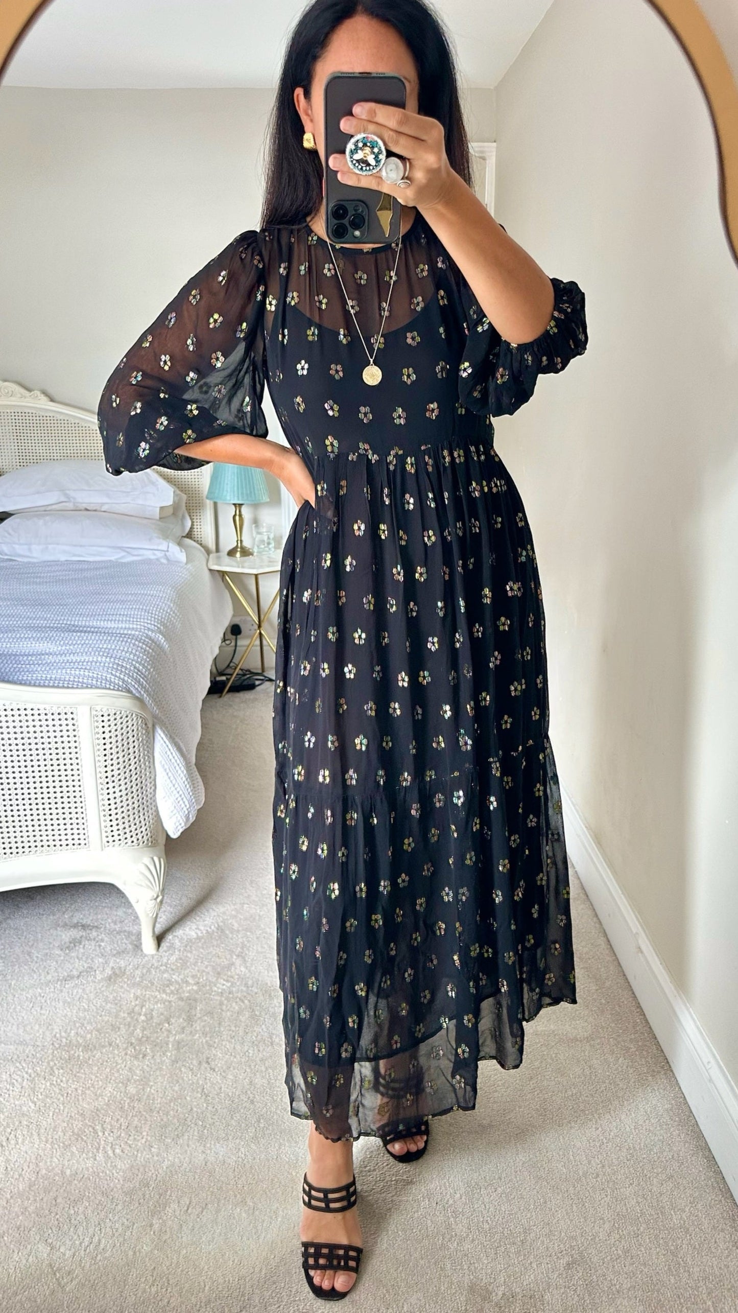 Oliver bonas black metallic multi colour daisy midi maxi long event dress small UK 8