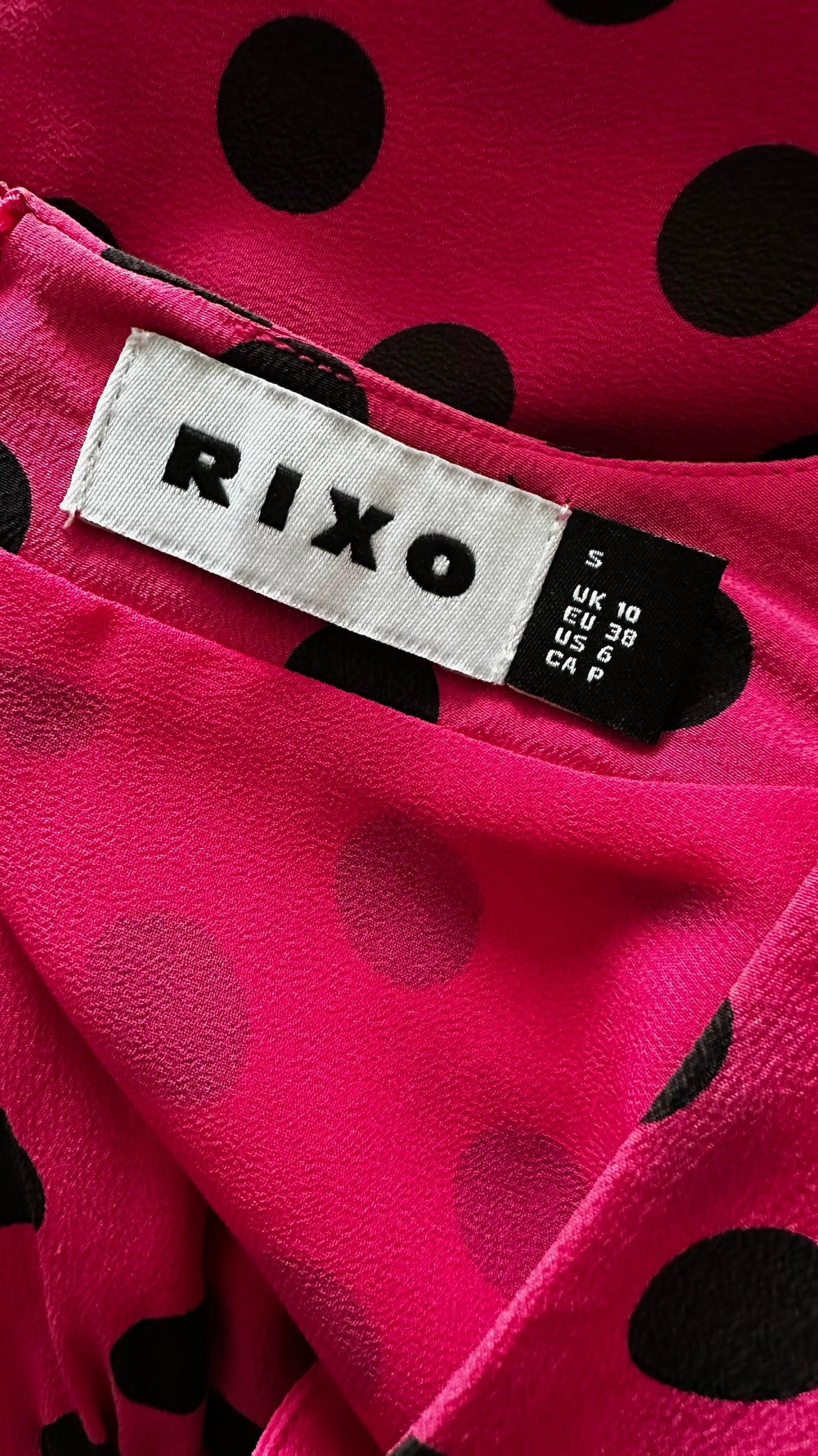 RIXO fuchsia pink black polka dot front split long event dress medium M UK 10 excellent used condition