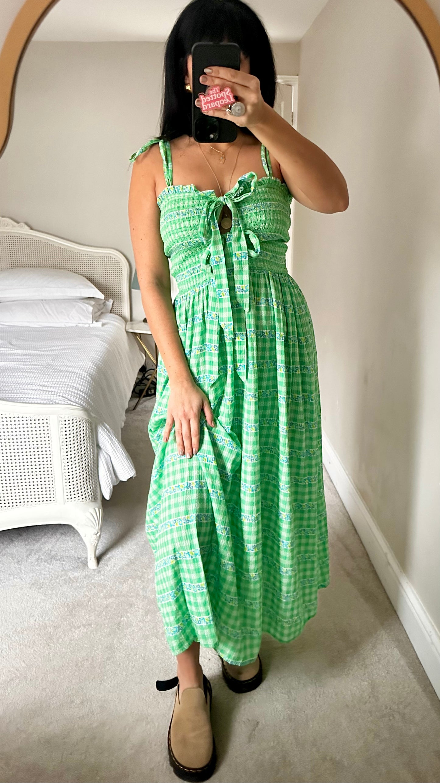 Damson Madder bright green gingham check front tie maxi holiday dress medium UK 14 new bnwt