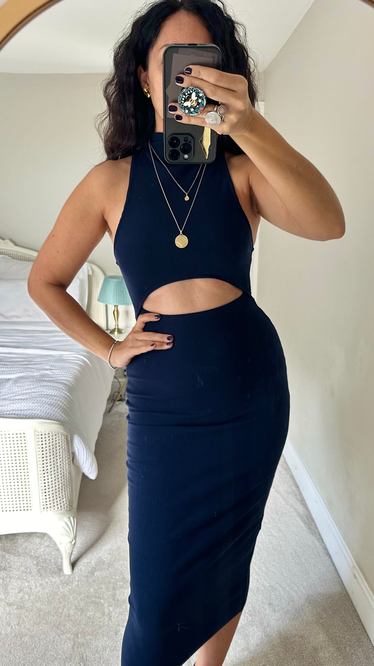 Zara navy blue ribbed midi dress medium UK 10 vgc