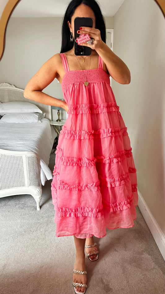 Sister Jane pink tiered maxi long dress wedding guest event medium UK 12 long new bnwot