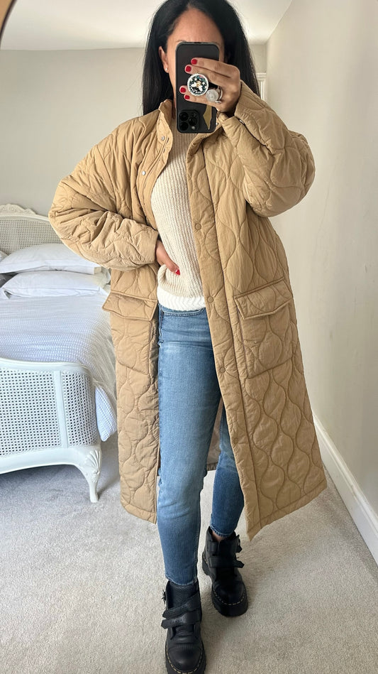 & other stories camel beige tan quilted long line coat small UK 8 vgc w25