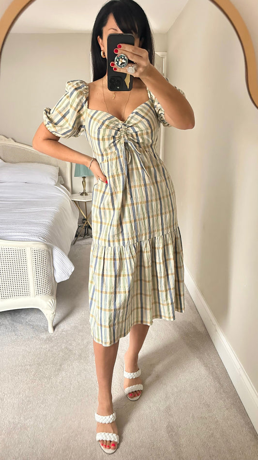 Feather & Bone @ Anthropologie blue green yellow gingham check cotton blend dress medium UK 12 midi vgc