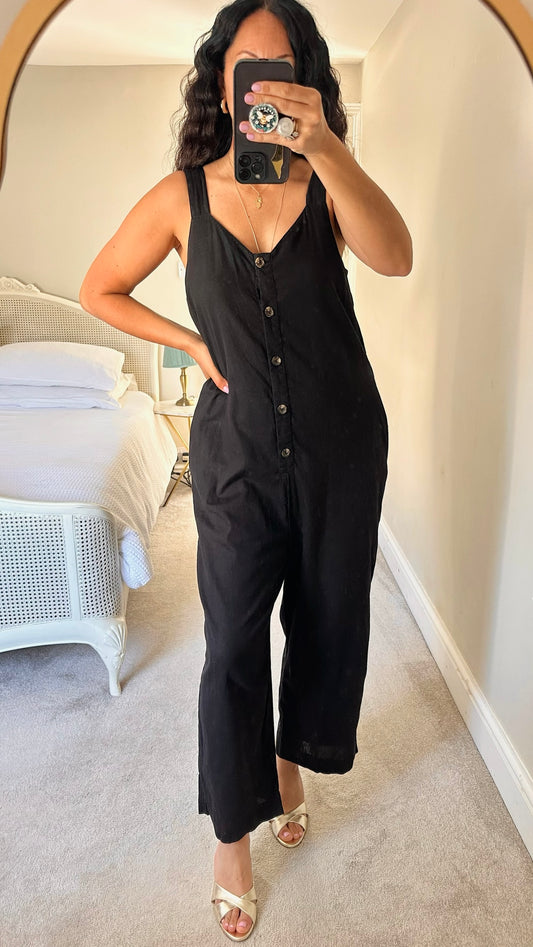 Warehouse black button up linen blend jumpsuit large L UK 12-14 vgc