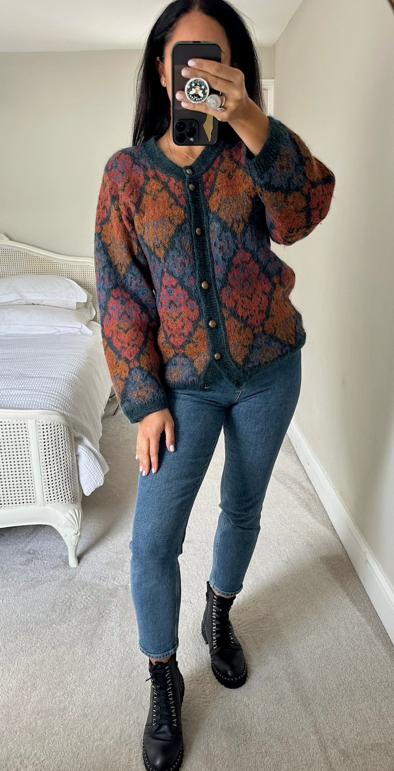 Vintage orange burnt orange navy blue patterned mohair blend jumper cardigan medium UK 10 vgc w25