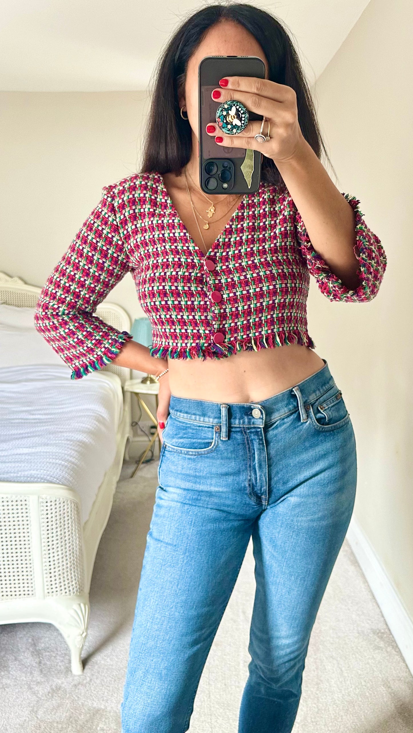 Zara red pink green multicoloured tweed button up crop top small UK 8-10 vgc