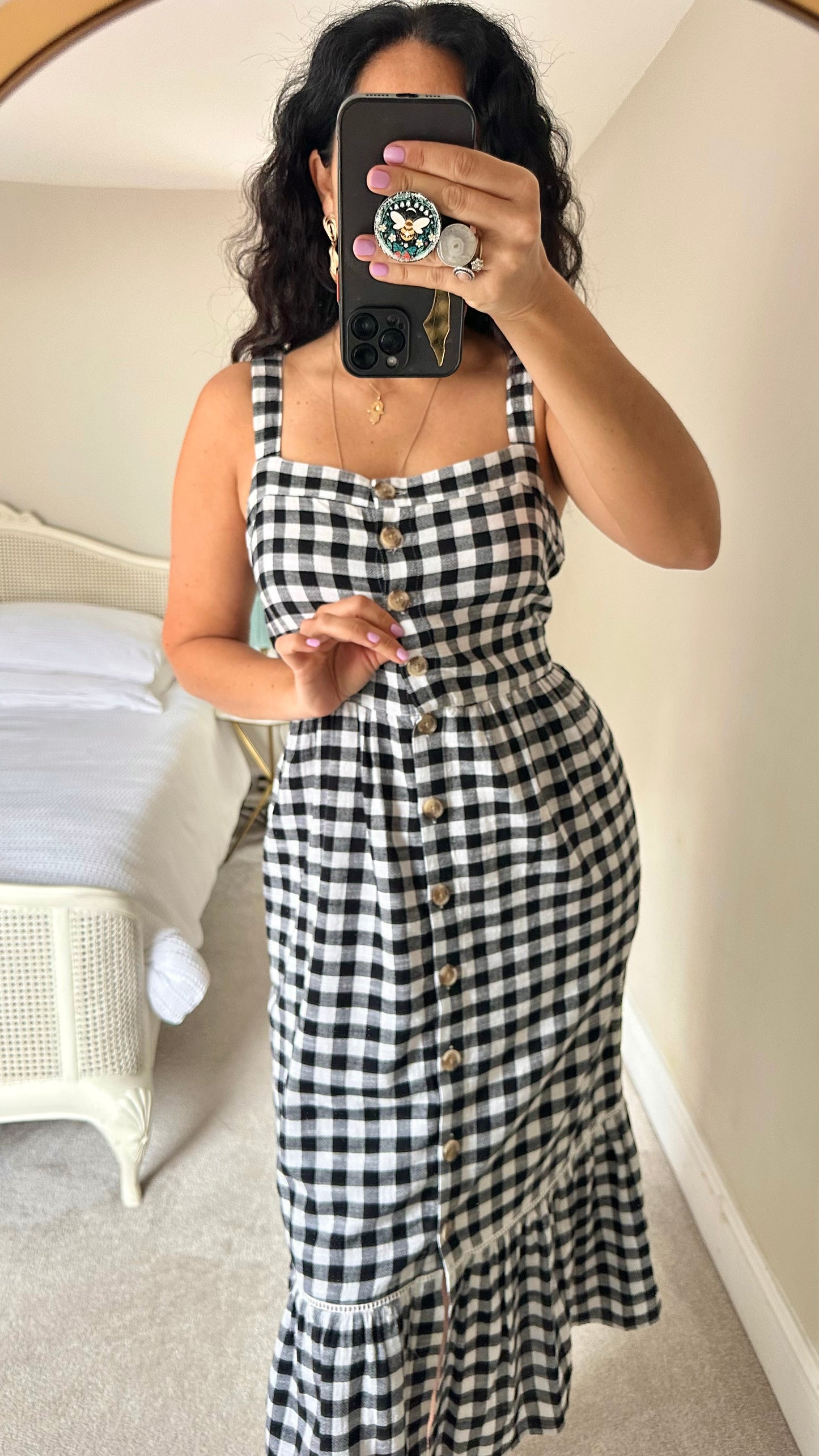 Marks & Spencer M&S black white gingham check button up midi long holiday dress small UK 8-10