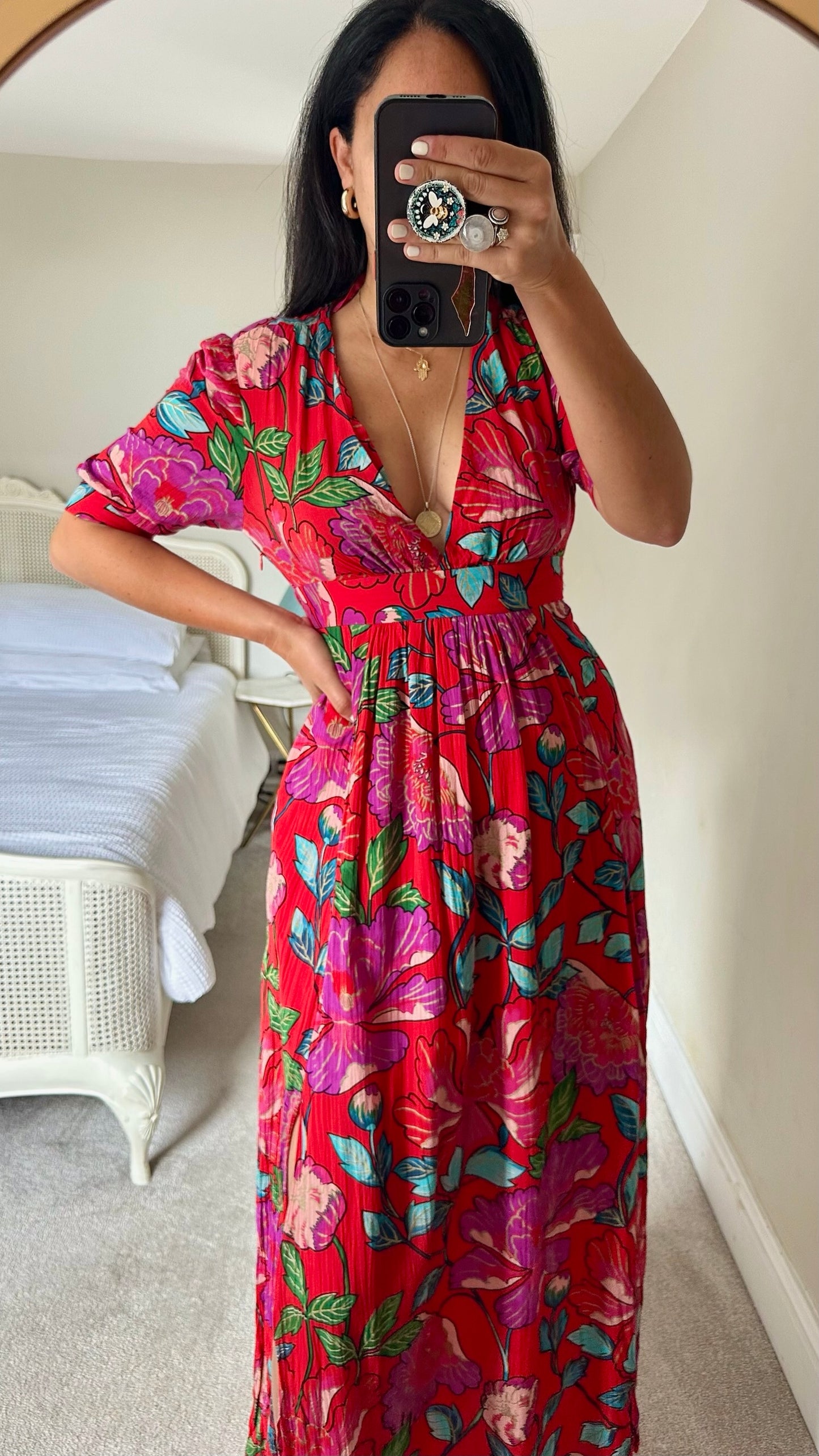 & other stories red double split tropical print maxi occasion dress small medium UK 8-10 vgc